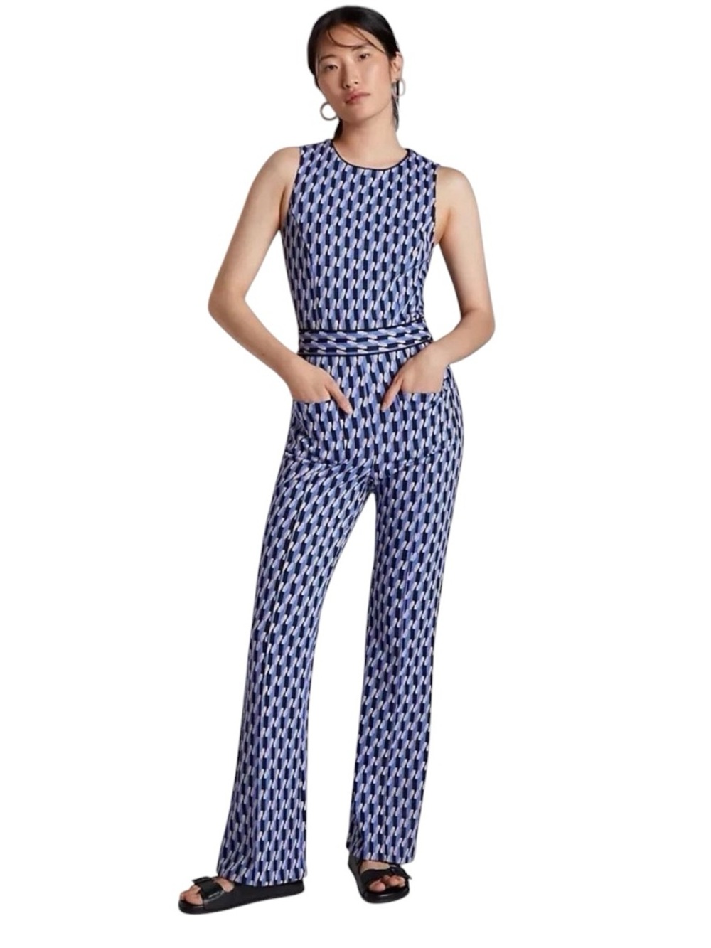 Maeve Anthropologie AOP Blue & Purple Ponte Wide Leg Retro Jumpsuit size medium